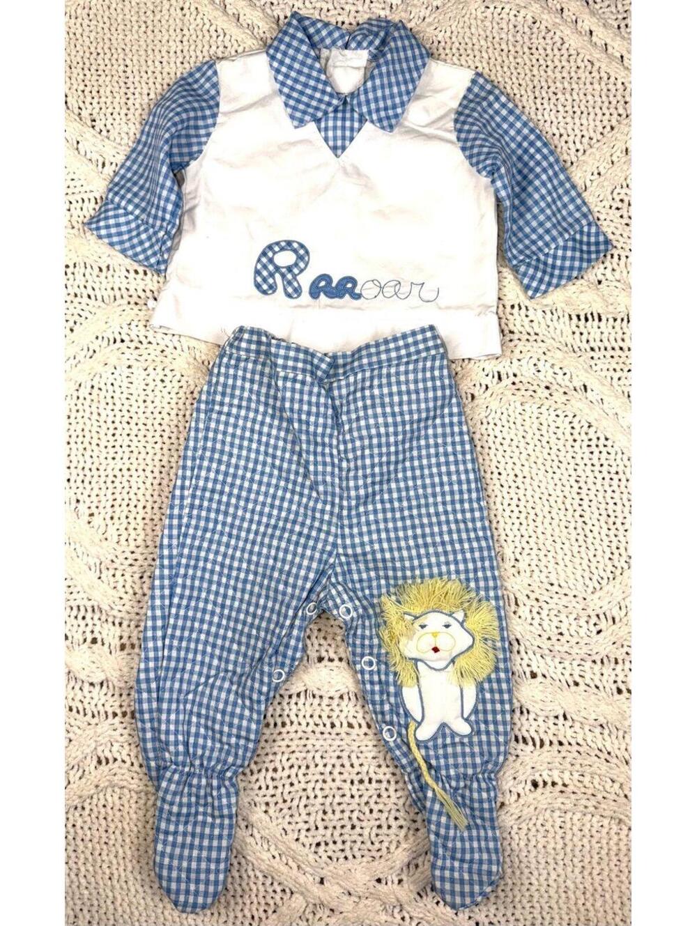 VTG 80s Baby Boy 2 Piece Gingham Print Lion Outfit Collared 0-3 Months